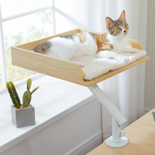 PAWZ Road Cat Desk Bed 360°Rotating Supports to  22 kg Cozy Nest for Desk | Wooden Desk Mount Cat Bed with Sturdy Clamp – Fits Desks & Tables, Padded Soft Nest for Cats, Holds Up to 22 kg