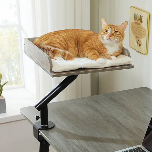 PAWZ Road Cat Desk Bed 360°Rotating Supports to  22 kg Cozy Nest for Desk | Wooden Desk Mount Cat Bed with Sturdy Clamp – Fits Desks & Tables, Padded Soft Nest for Cats, Holds Up to 22 kg