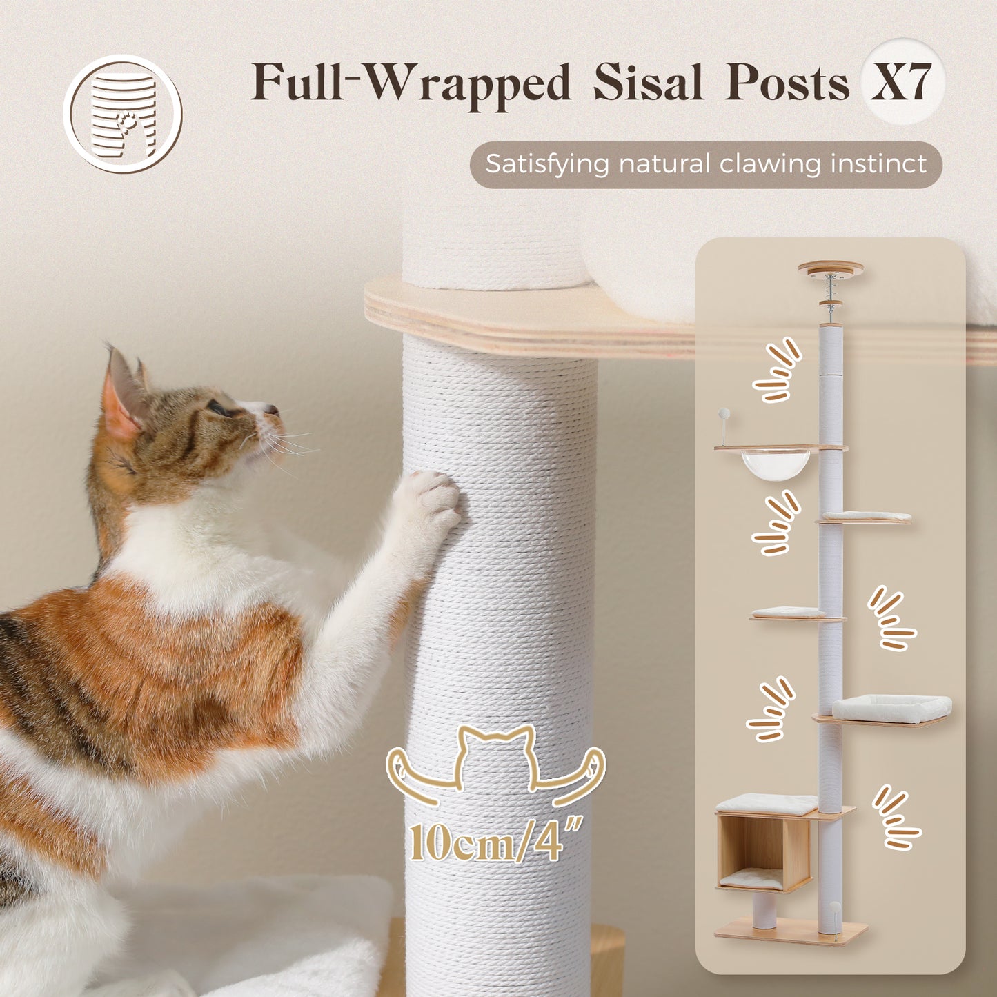 PAWZ Road Floor to Ceiling Cat Tree for Indoor Cats, Wooden Tall Cat Tower with Full Sisal Scratching Post(Dia=10cm), Adjustable Height(201-284cm), Multi Platform, Acrylic Bowl, Condo and Pompoms