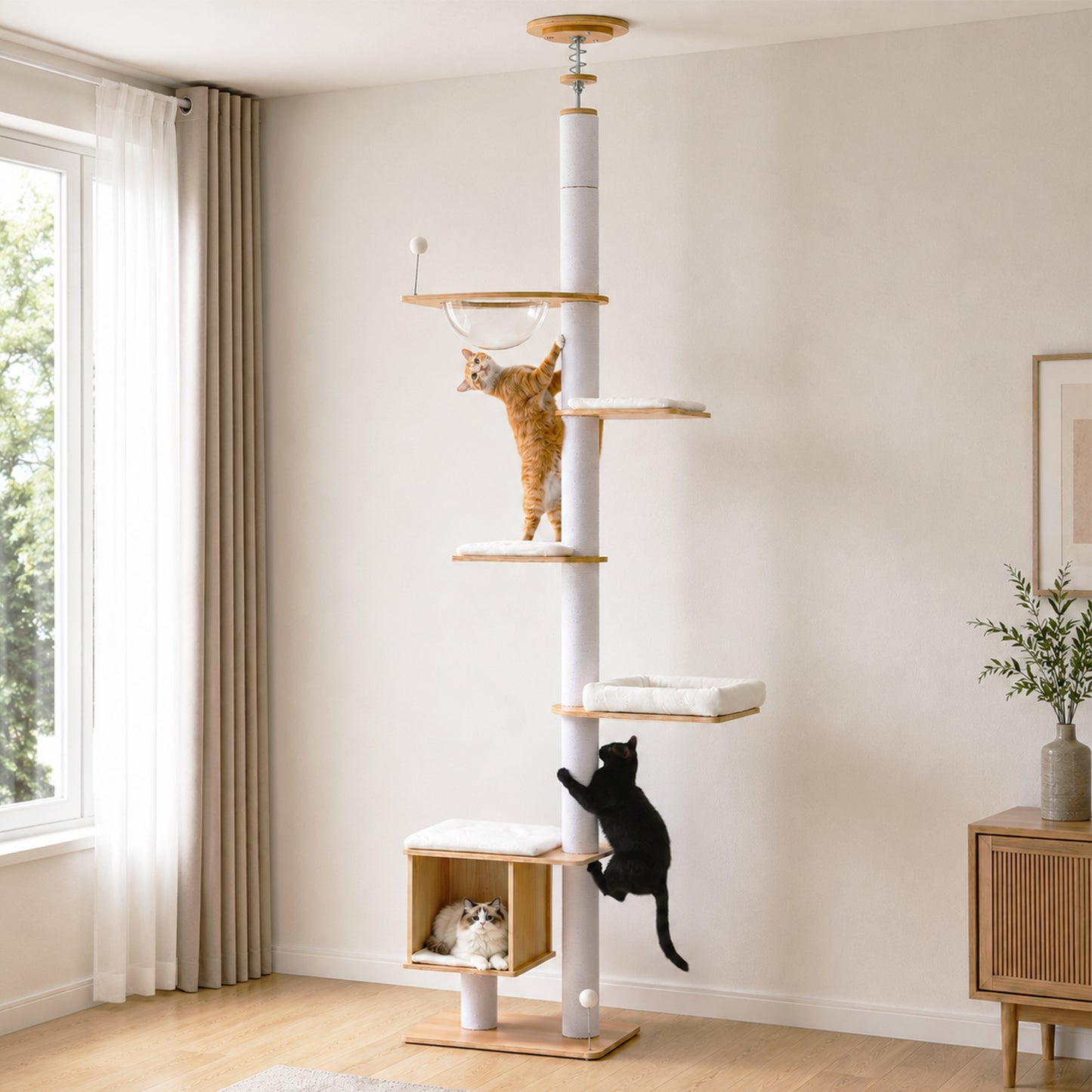 PAWZ Road Floor to Ceiling Cat Tree for Indoor Cats, Wooden Tall Cat Tower with Full Sisal Scratching Post(Dia=10cm), Adjustable Height(201-284cm), Multi Platform, Acrylic Bowl, Condo and Pompoms