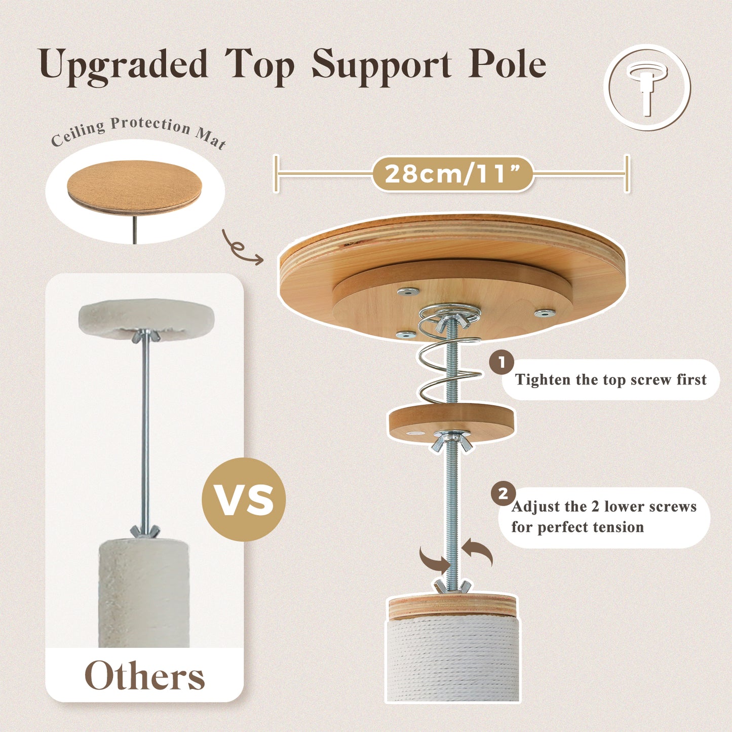 PAWZ Road Floor to Ceiling Cat Tree for Indoor Cats, Wooden Tall Cat Tower with Full Sisal Scratching Post(Dia=10cm), Adjustable Height(201-284cm), Multi Platform, Acrylic Bowl, Condo and Pompoms