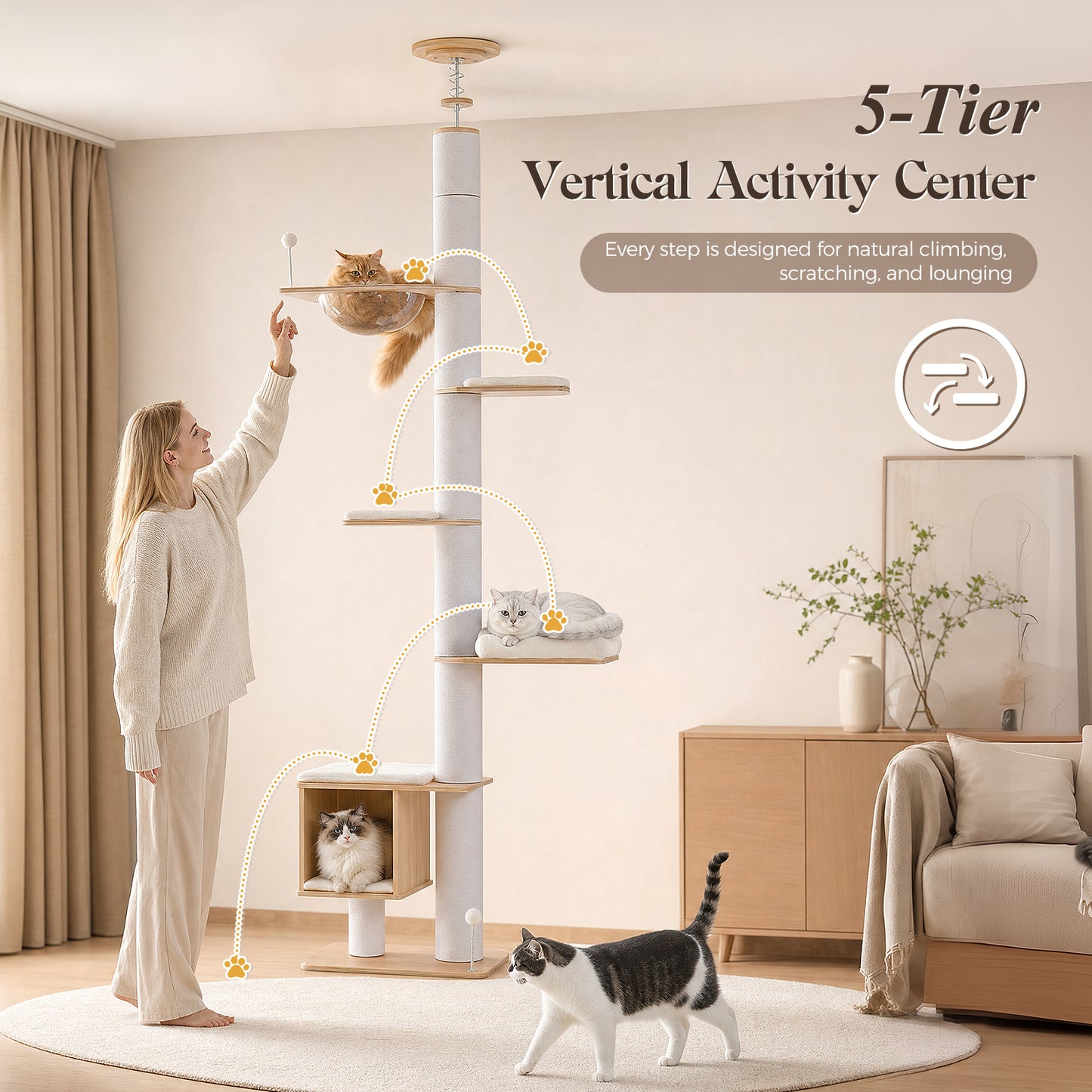 PAWZ Road Floor to Ceiling Cat Tree for Indoor Cats, Wooden Tall Cat Tower with Full Sisal Scratching Post(Dia=10cm), Adjustable Height(201-284cm), Multi Platform, Acrylic Bowl, Condo and Pompoms