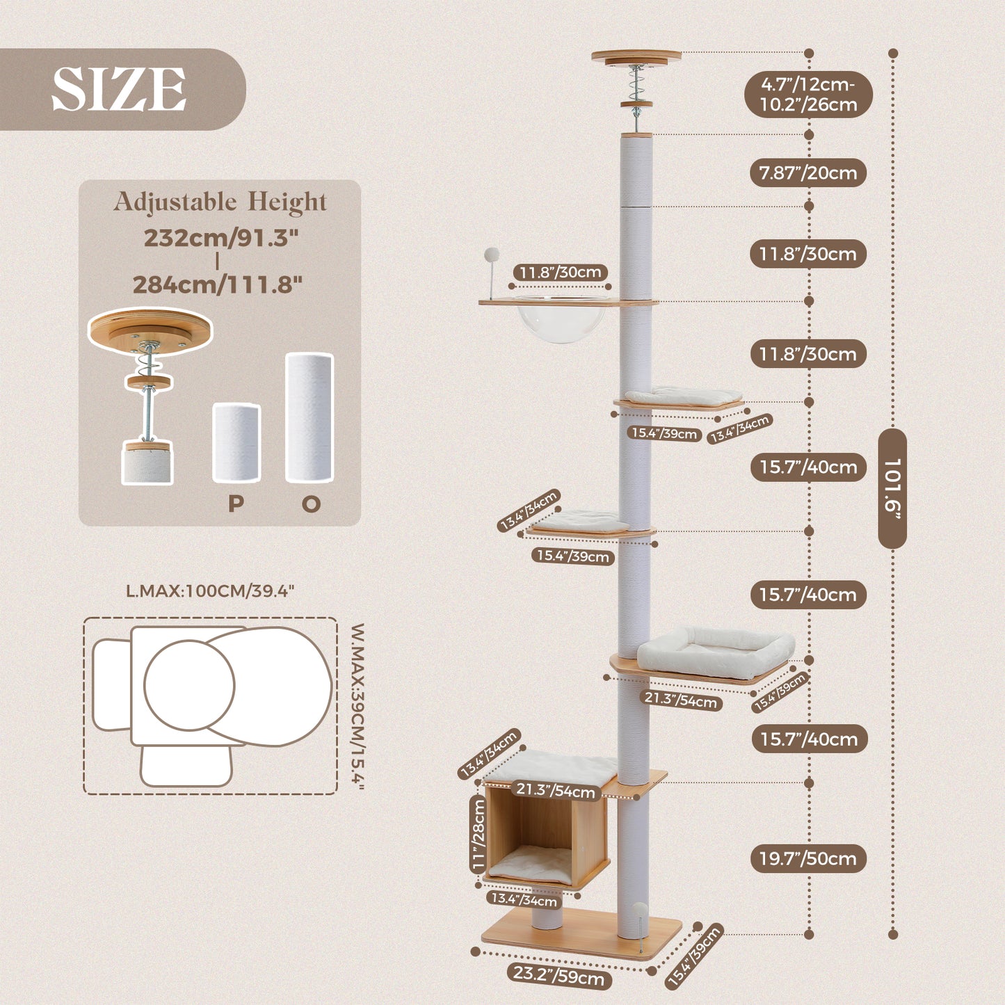PAWZ Road Floor to Ceiling Cat Tree for Indoor Cats, Wooden Tall Cat Tower with Full Sisal Scratching Post(Dia=10cm), Adjustable Height(201-284cm), Multi Platform, Acrylic Bowl, Condo and Pompoms