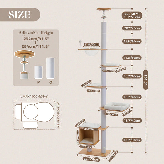 PAWZ Road Floor to Ceiling Cat Tree for Indoor Cats, Wooden Tall Cat Tower with Full Sisal Scratching Post(Dia=10cm), Adjustable Height(201-284cm), Multi Platform, Acrylic Bowl, Condo and Pompoms