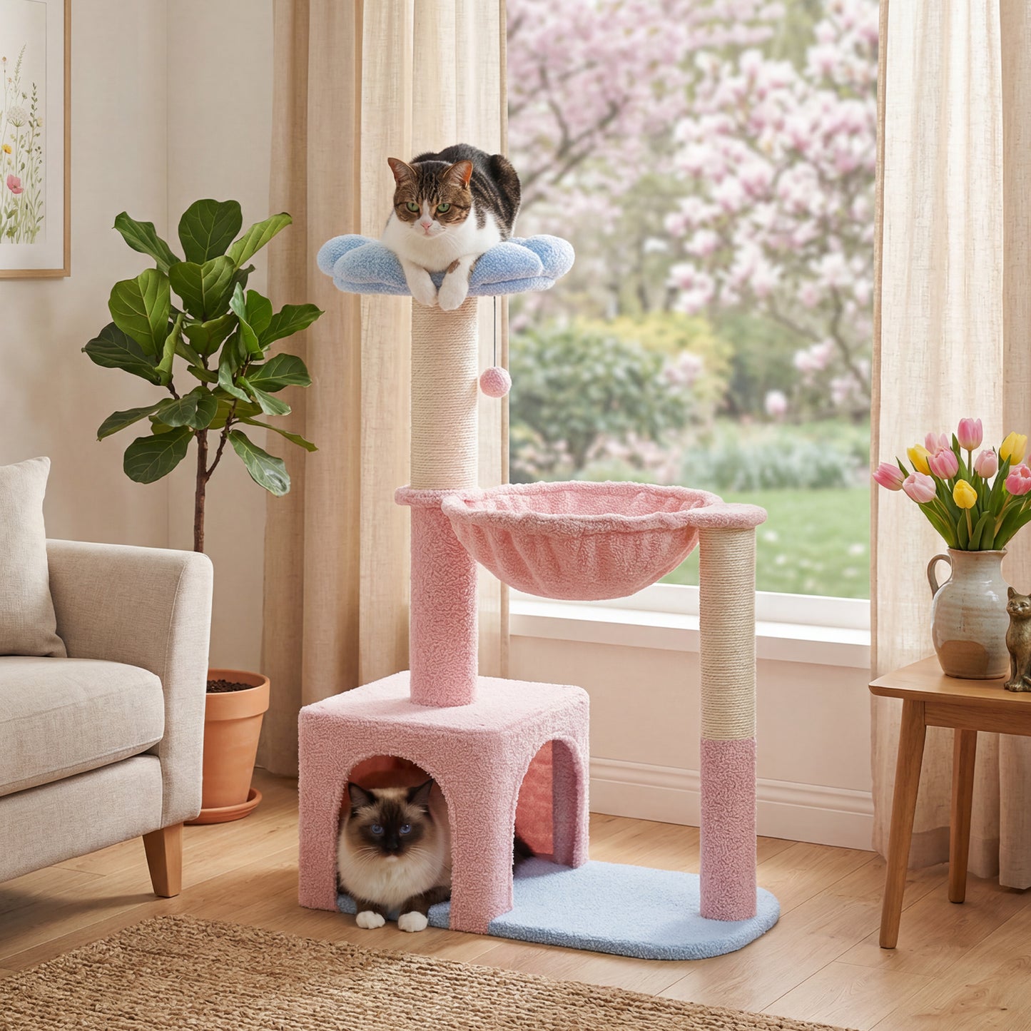 PAWZ Road 89cm Flower Cat Tree, Cute Cat Tower with Sisal-Covered Scratching Posts, Flower Perch, Condon&Hammock, Dangling Balls, Play Towers & Trees for Cats
