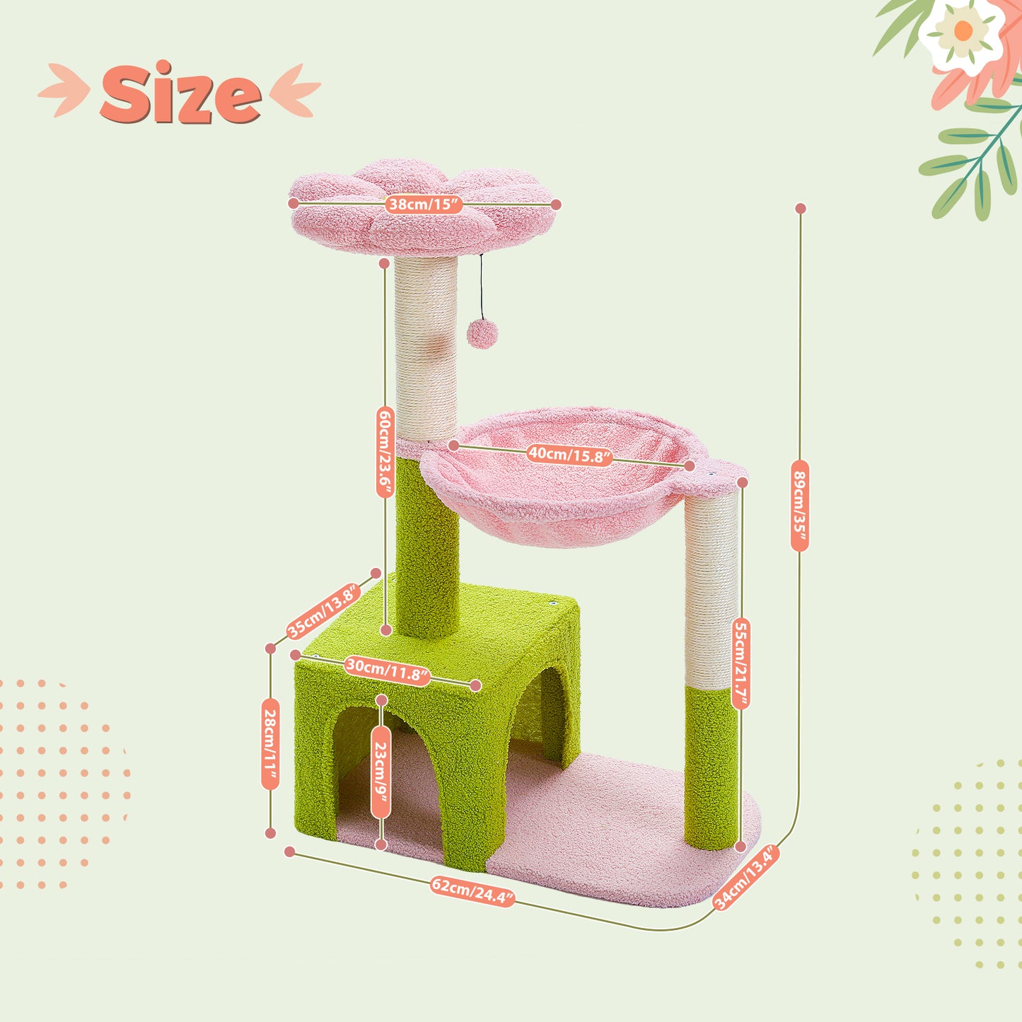 PAWZ Road 89cm Flower Cat Tree, Cute Cat Tower with Sisal-Covered Scratching Posts, Flower Perch, Condon&Hammock, Dangling Balls, Play Towers & Trees for Cats