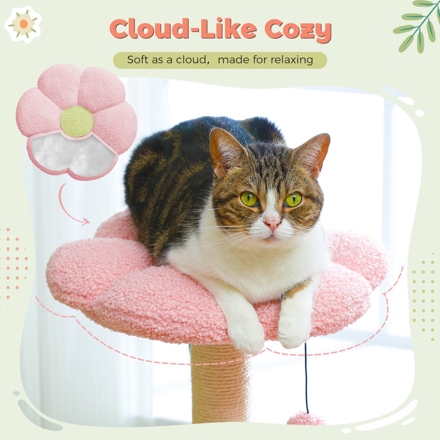 PAWZ Road 89cm Flower Cat Tree, Cute Cat Tower with Sisal-Covered Scratching Posts, Flower Perch, Condon&Hammock, Dangling Balls, Play Towers & Trees for Cats