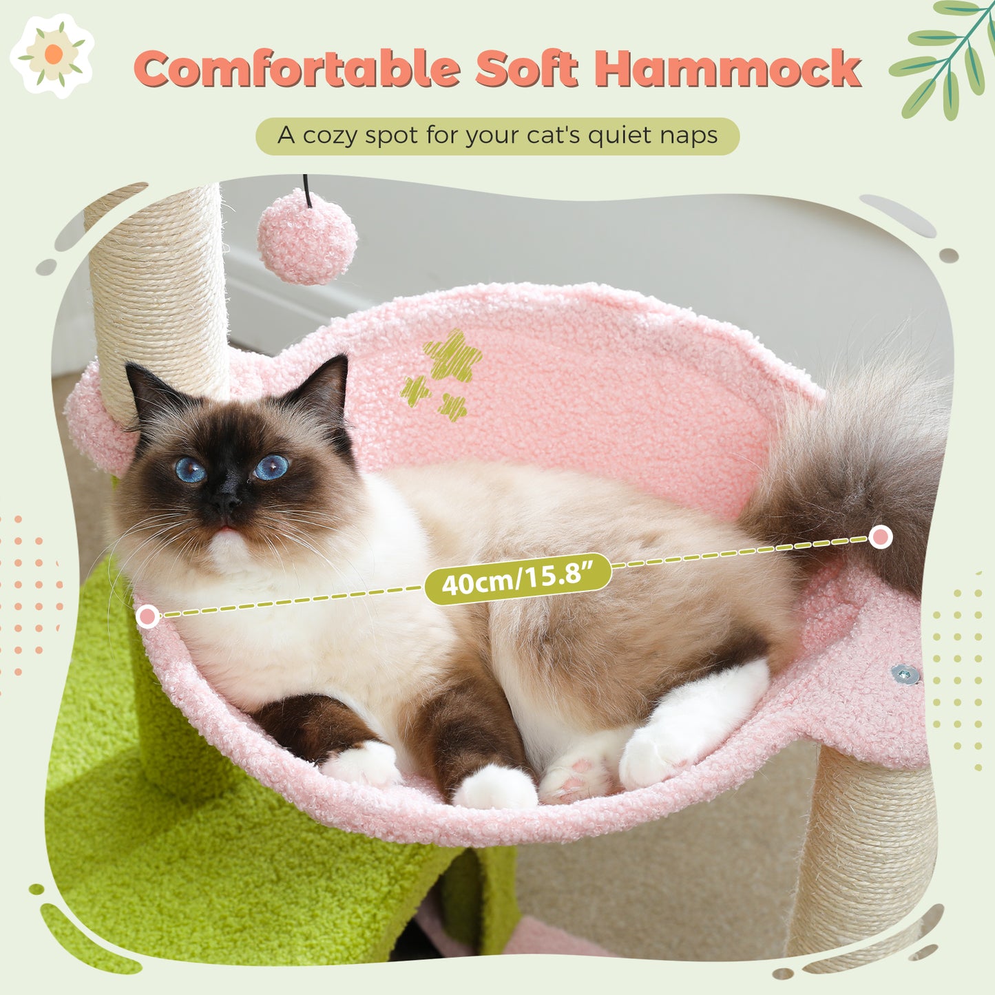 PAWZ Road 89cm Flower Cat Tree, Cute Cat Tower with Sisal-Covered Scratching Posts, Flower Perch, Condon&Hammock, Dangling Balls, Play Towers & Trees for Cats