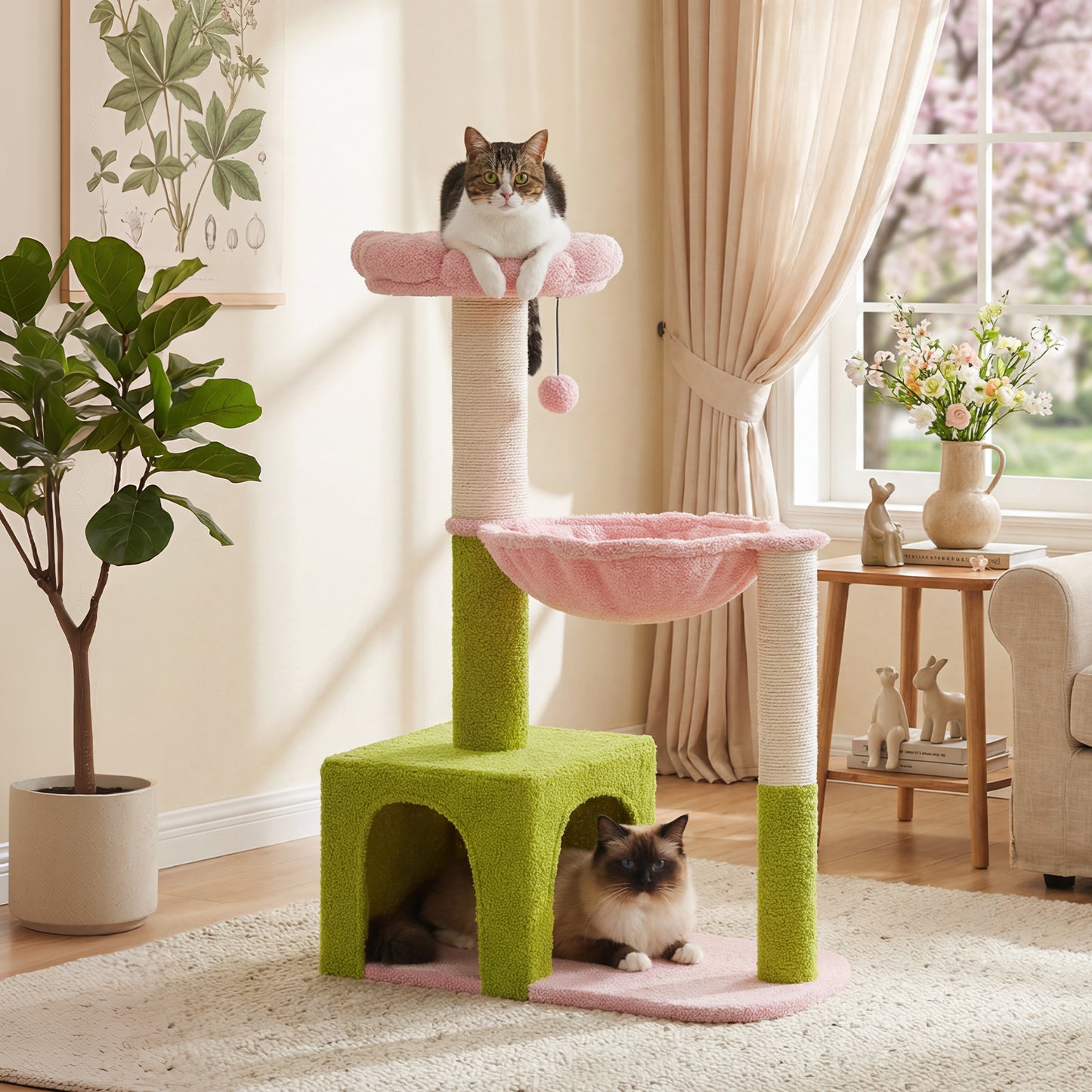 PAWZ Road 89cm Flower Cat Tree, Cute Cat Tower with Sisal-Covered Scratching Posts, Flower Perch, Condon&Hammock, Dangling Balls, Play Towers & Trees for Cats