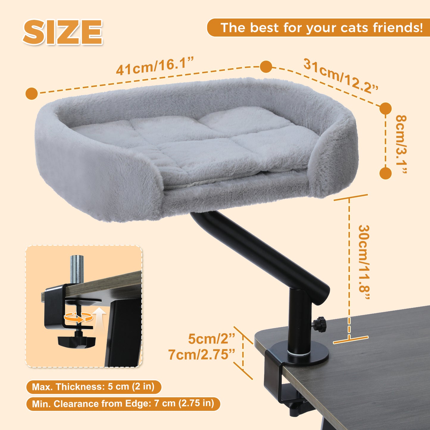 PAWZ Road Cat Desk Bed for Indoor Cats Big Hammock 360° Adjustable Support 20KG Grey
