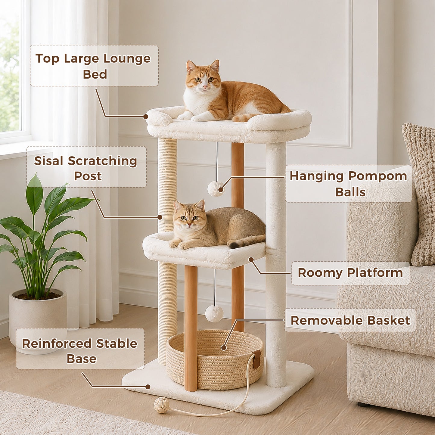 PAWZ Road 88cm Wooden Cat Tree for Large Cats, Cat Tower with Removable Bed, Sisal-Covered Scratching Post, Spacious Large Top Perch, Removable Basket, Big Bed and Pompom Balls, for Indoor Cats, Beige