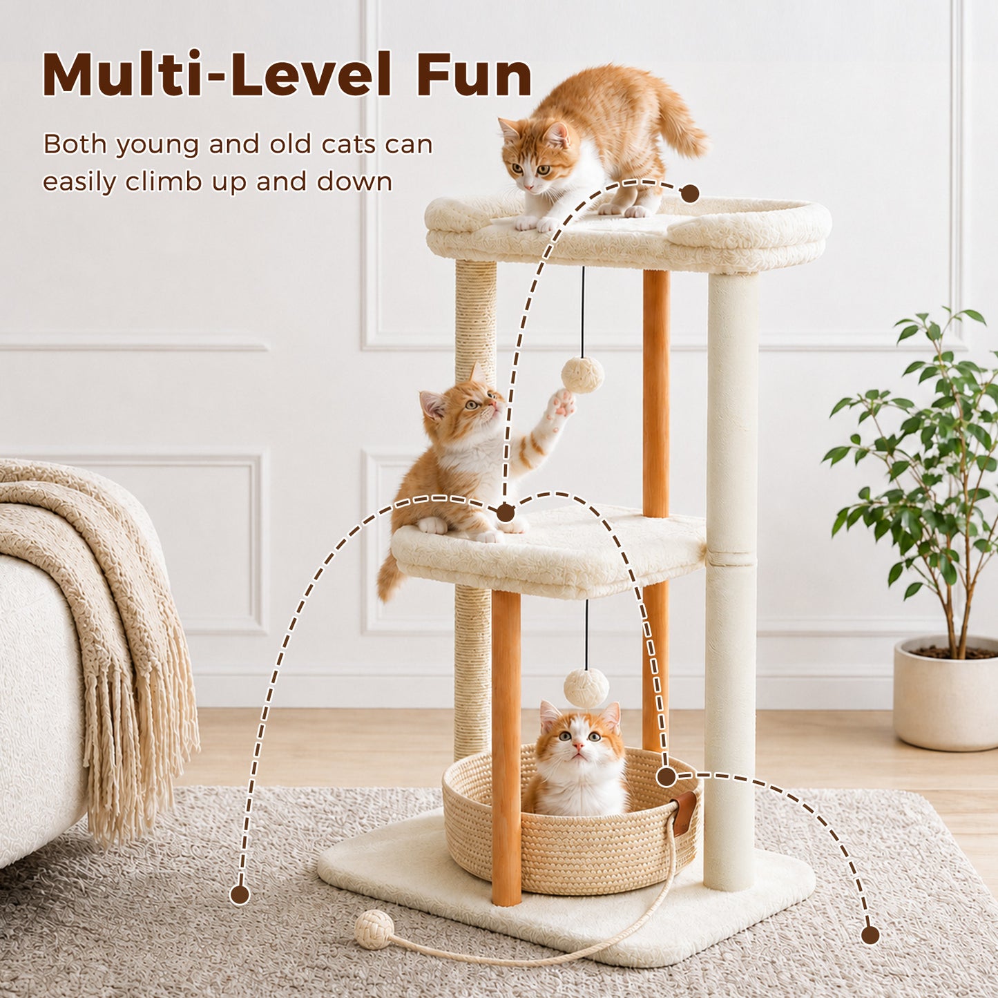 PAWZ Road 88cm Wooden Cat Tree for Large Cats, Cat Tower with Removable Bed, Sisal-Covered Scratching Post, Spacious Large Top Perch, Removable Basket, Big Bed and Pompom Balls, for Indoor Cats, Beige