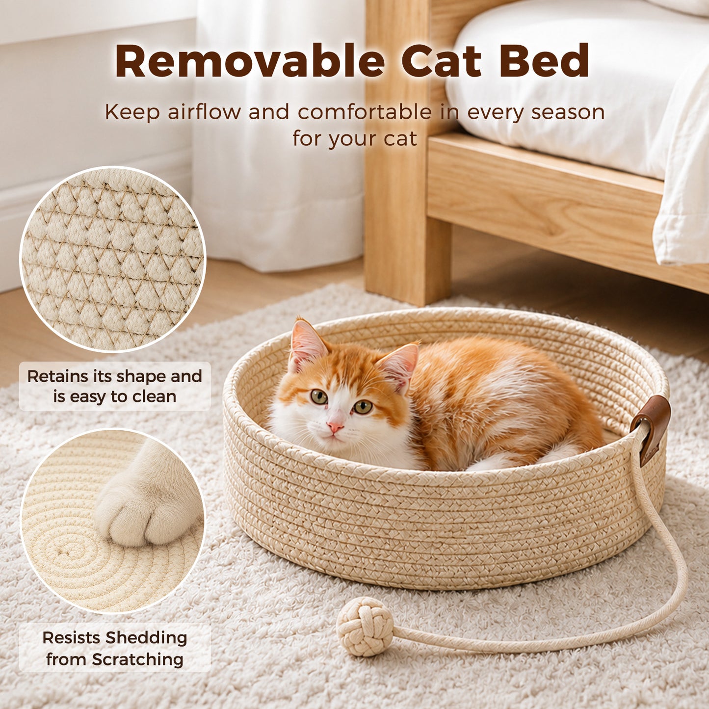 PAWZ Road 88cm Wooden Cat Tree for Large Cats, Cat Tower with Removable Bed, Sisal-Covered Scratching Post, Spacious Large Top Perch, Removable Basket, Big Bed and Pompom Balls, for Indoor Cats, Beige