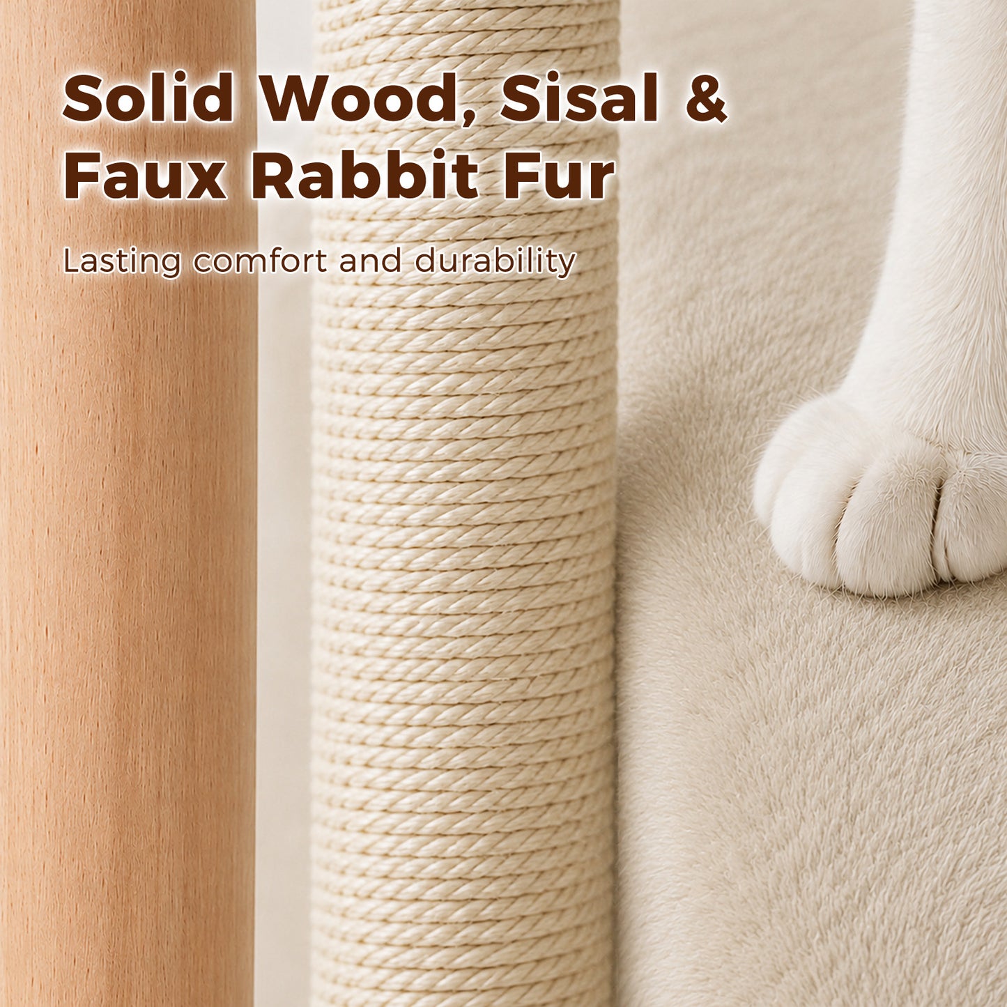 PAWZ Road 88cm Wooden Cat Tree for Large Cats, Cat Tower with Removable Bed, Sisal-Covered Scratching Post, Spacious Large Top Perch, Removable Basket, Big Bed and Pompom Balls, for Indoor Cats, Beige