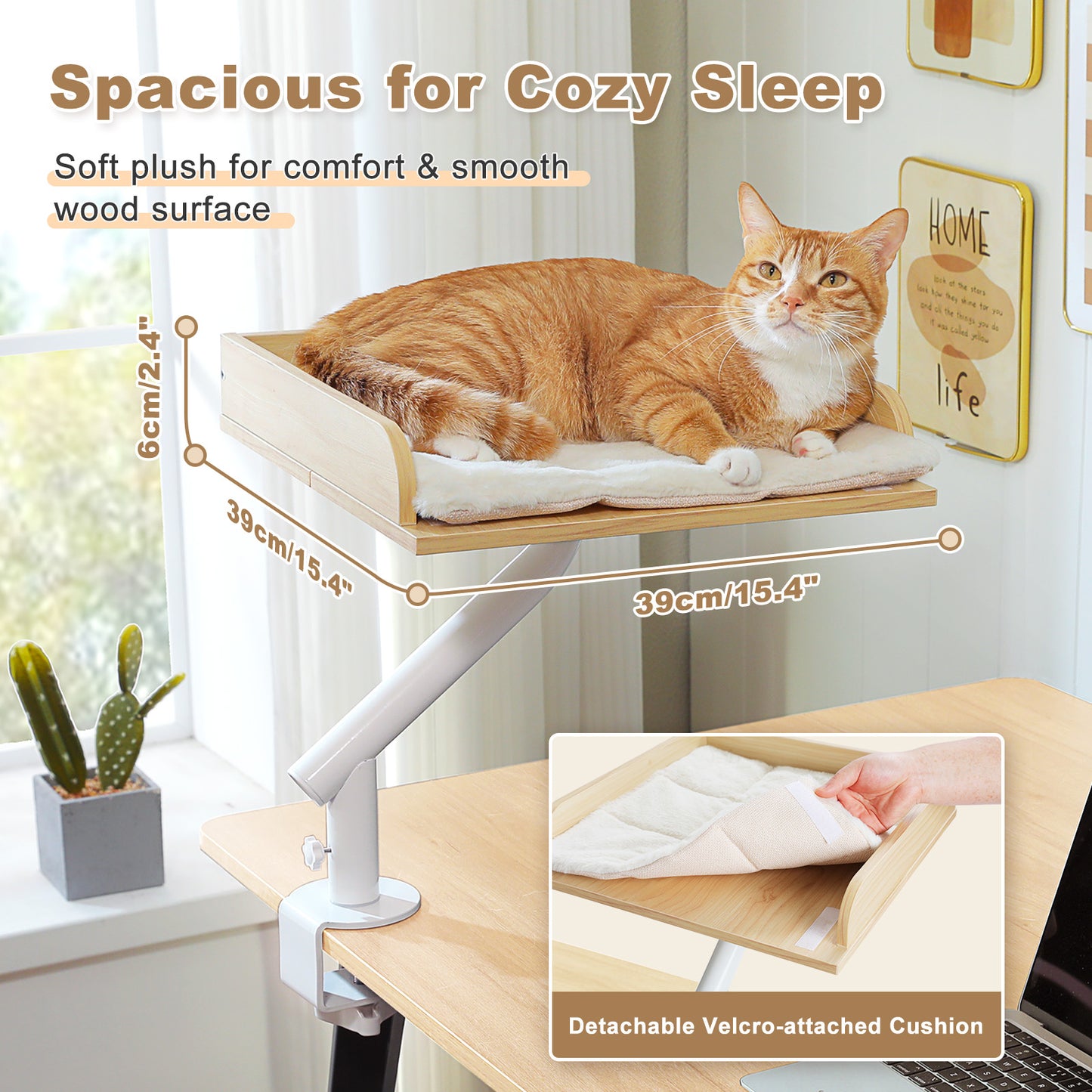 PAWZ Road Cat Desk Bed 360°Rotating Supports to  22 kg Cozy Nest for Desk | Wooden Desk Mount Cat Bed with Sturdy Clamp – Fits Desks & Tables, Padded Soft Nest for Cats, Holds Up to 22 kg