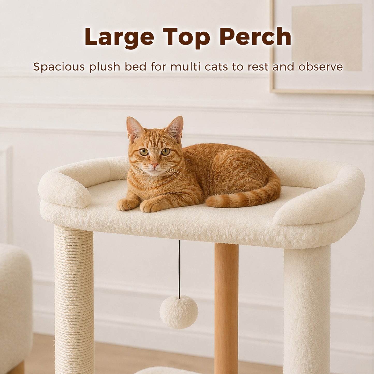 PAWZ Road 88cm Wooden Cat Tree for Large Cats, Cat Tower with Removable Bed, Sisal-Covered Scratching Post, Spacious Large Top Perch, Removable Basket, Big Bed and Pompom Balls, for Indoor Cats, Beige