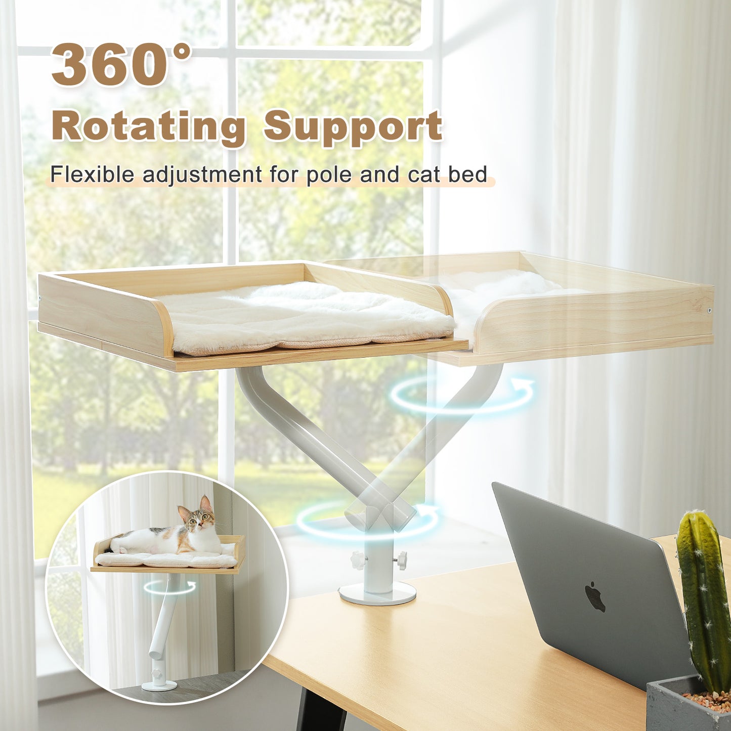 PAWZ Road Cat Desk Bed 360°Rotating Supports to  22 kg Cozy Nest for Desk | Wooden Desk Mount Cat Bed with Sturdy Clamp – Fits Desks & Tables, Padded Soft Nest for Cats, Holds Up to 22 kg