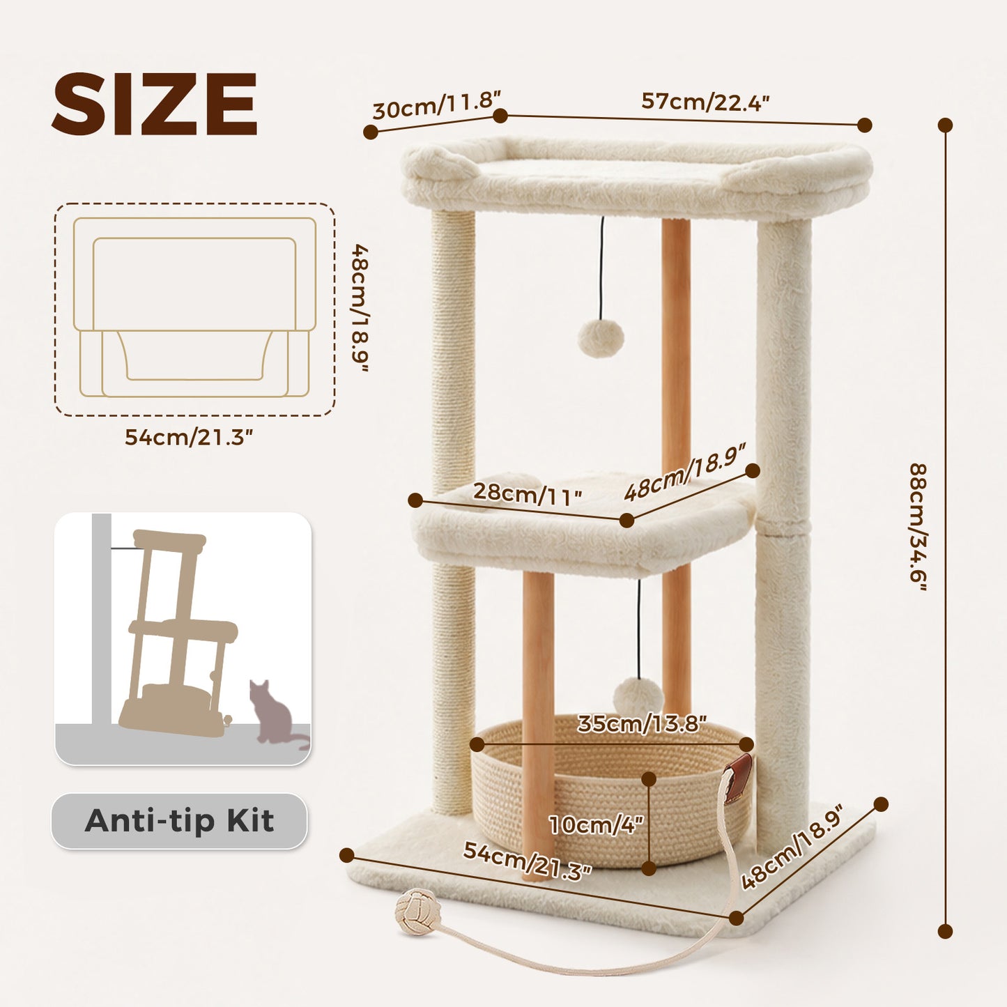PAWZ Road 88cm Wooden Cat Tree for Large Cats, Cat Tower with Removable Bed, Sisal-Covered Scratching Post, Spacious Large Top Perch, Removable Basket, Big Bed and Pompom Balls, for Indoor Cats, Beige