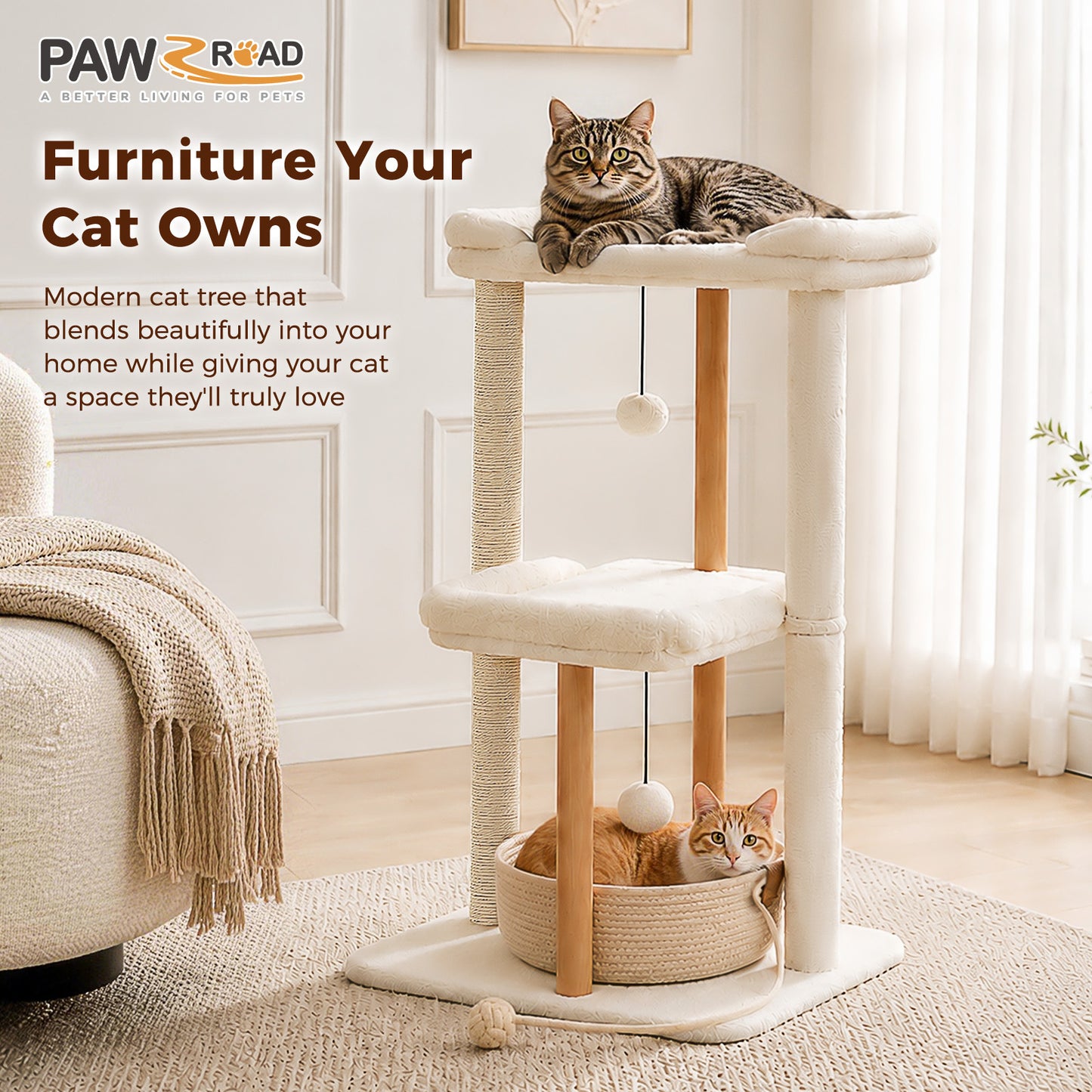 PAWZ Road 88cm Wooden Cat Tree for Large Cats, Cat Tower with Removable Bed, Sisal-Covered Scratching Post, Spacious Large Top Perch, Removable Basket, Big Bed and Pompom Balls, for Indoor Cats, Beige