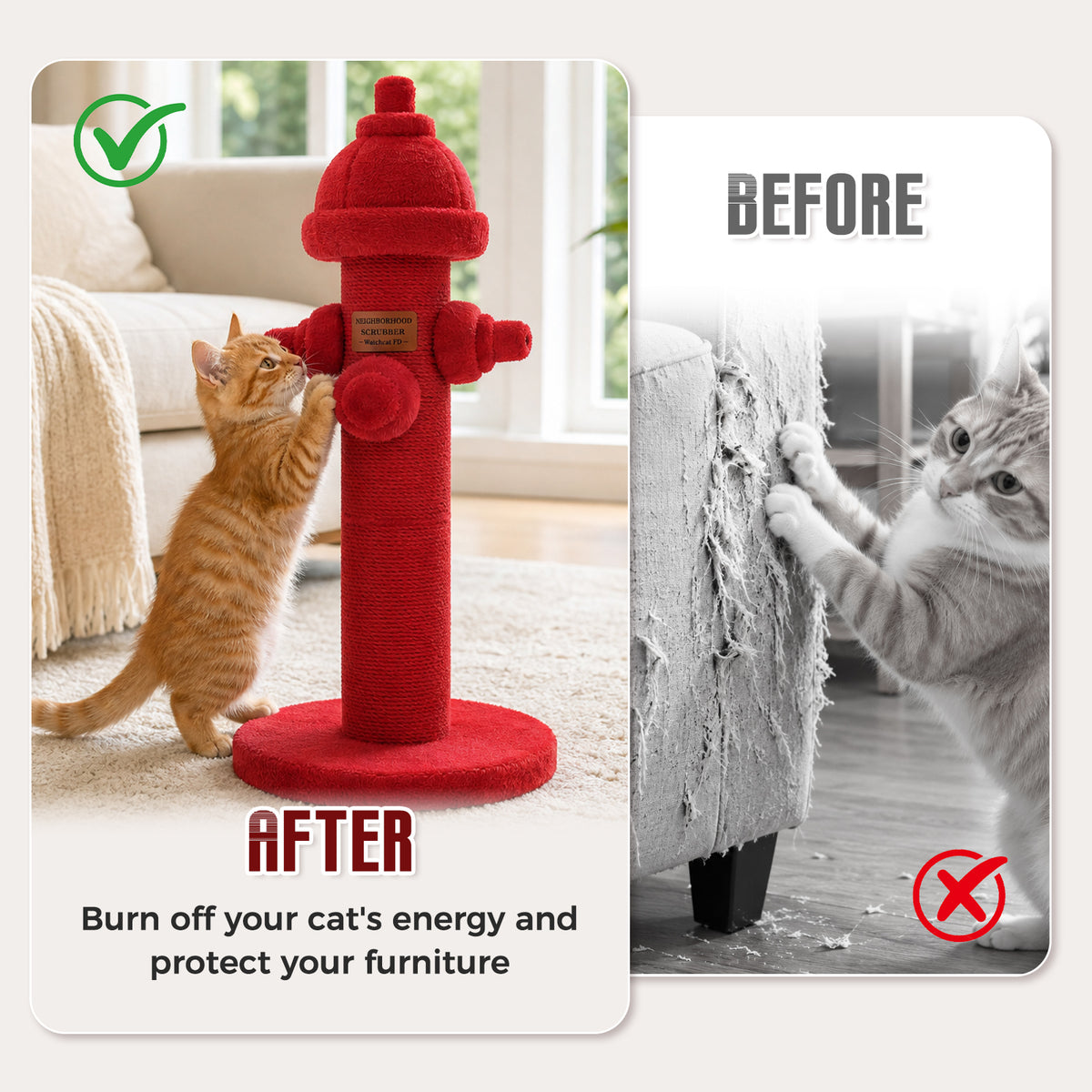 PAWZ Road Fire Hydrant Cat Scratching Post, 65cm Sisal Scratch Post Natural Sisal-Covered Post, Stable Wide Base, Furniture Protector, Cat Activity Center for Indoor Cats