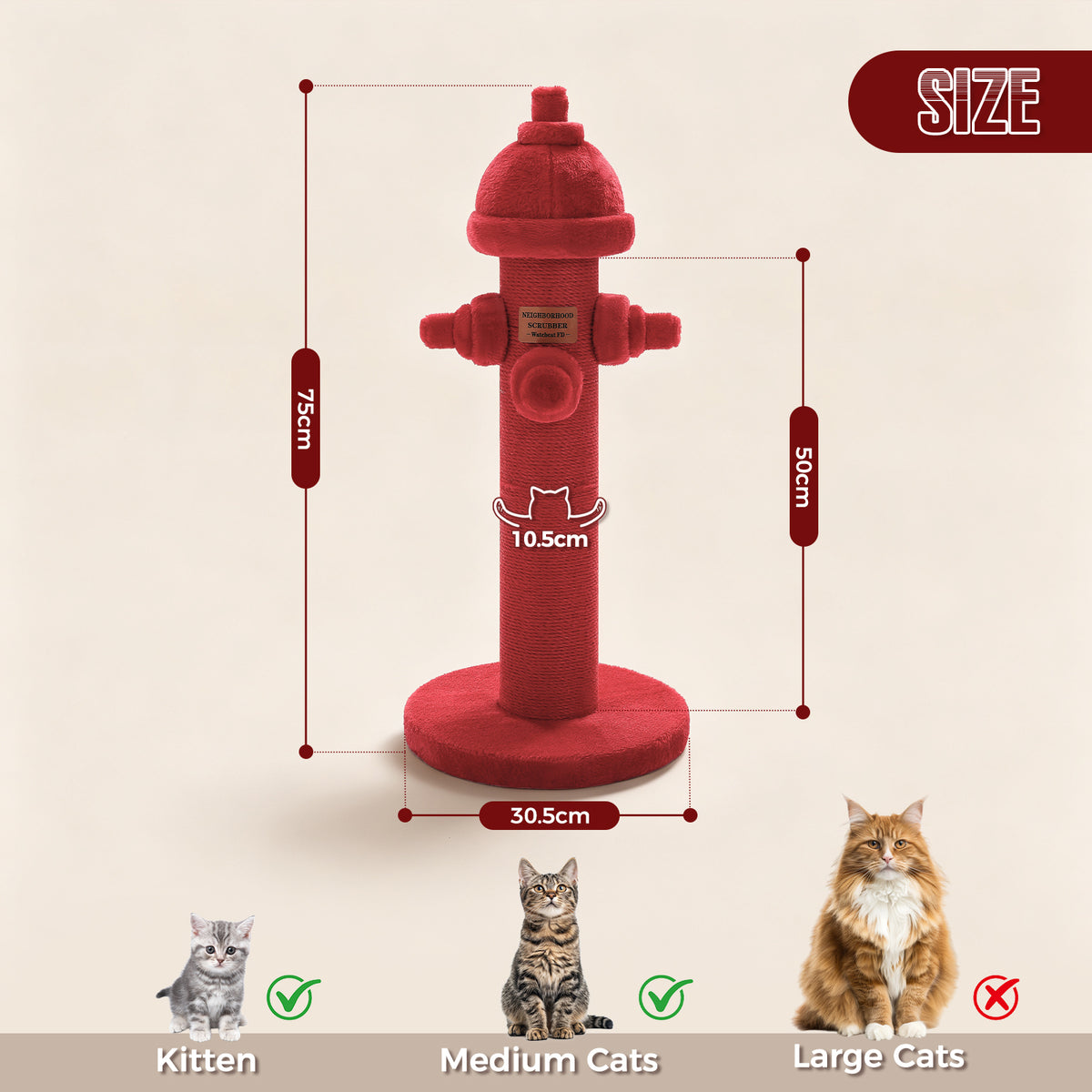 PAWZ Road Fire Hydrant Cat Scratching Post, 65cm Sisal Scratch Post Natural Sisal-Covered Post, Stable Wide Base, Furniture Protector, Cat Activity Center for Indoor Cats