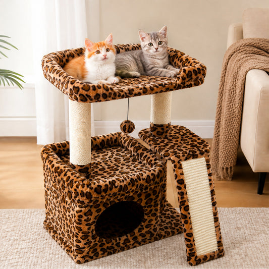PAWZ Road Small Cat Tree Tower Scratching Post with Wide Top Perch Condo Toys Leopard Print