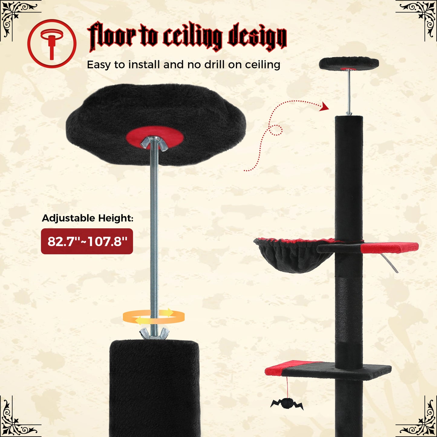 PAWZ Road Cat Tree Tower Scratching Post Ceiling High Cat Scratcher Condo Beds Black