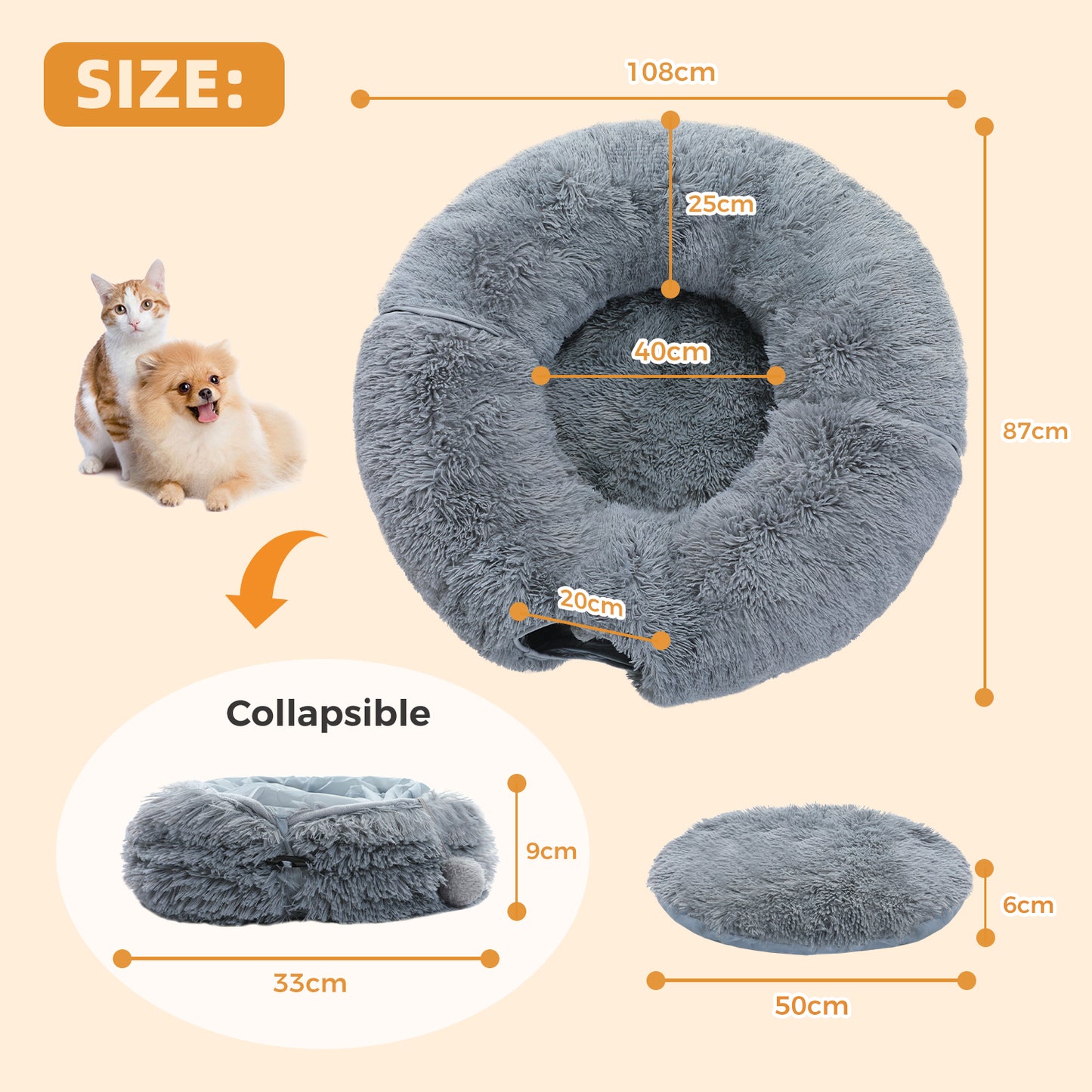 PAWZ Road Cat Tunnel Bed with Central Soft Mat Collapsible Fluffy Plush Cat Tube