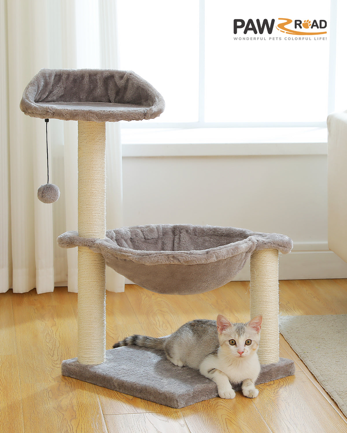 PAWZ Road Cat Tree Tower Scratching Post for Kitten Bed Condo House with Hammock Grey