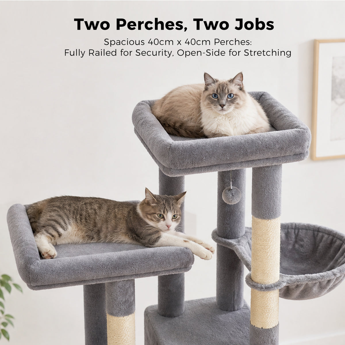 PAWZ Road 196cm Tall Cat Tree, Multi-Level Cat Tower for Large Indoor Cats 2 Large Perches, Sisal Scratching Posts & Ramp, Hanging Hammock & 2 Hanging Caves, 2 Private Condos, 2 Dangling Balls, Grey
