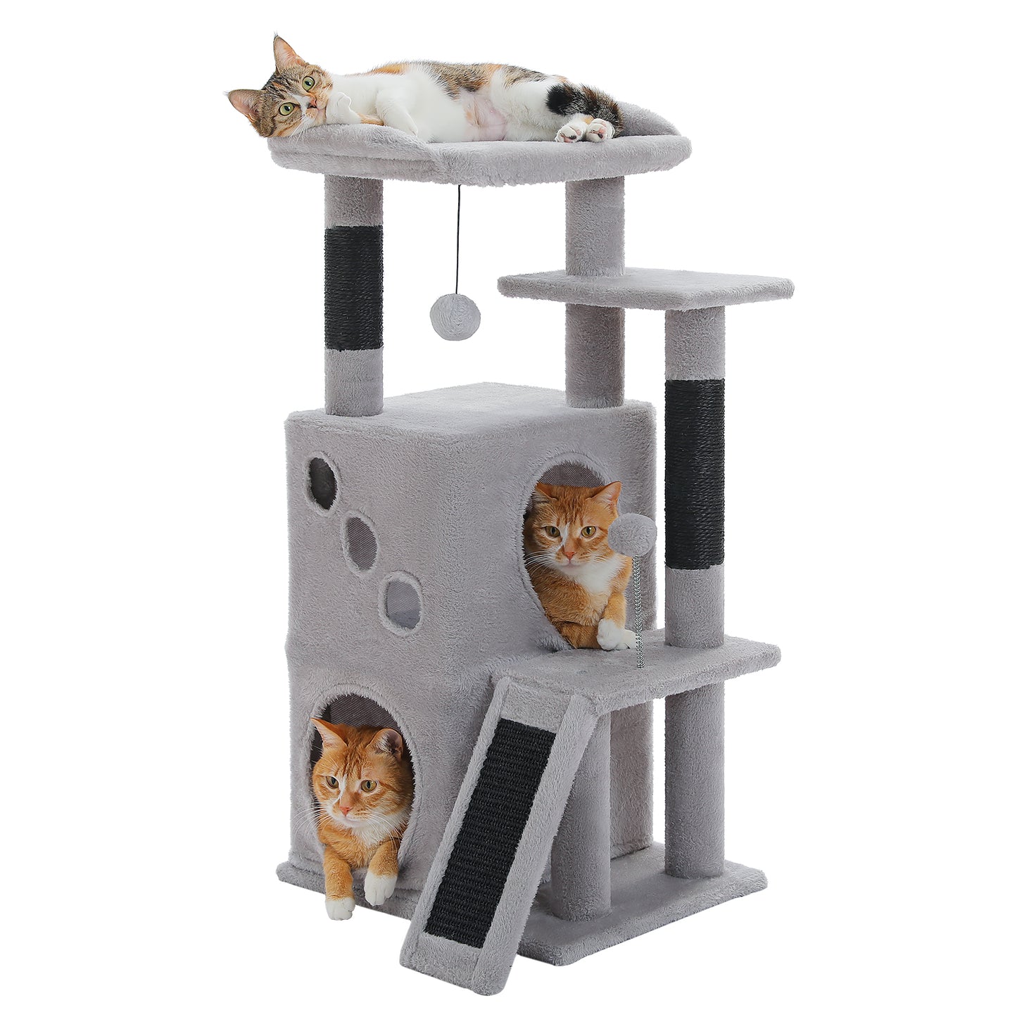 PAWZ Road Cat Tree for Indoor Cats, 88cm Small Cat Tower with Sisal-Covered Scratching Posts, 2 Condos, Scratching Ramp and Dangling Toys, Ideal Kitten Play House for Multi-Kitten Households