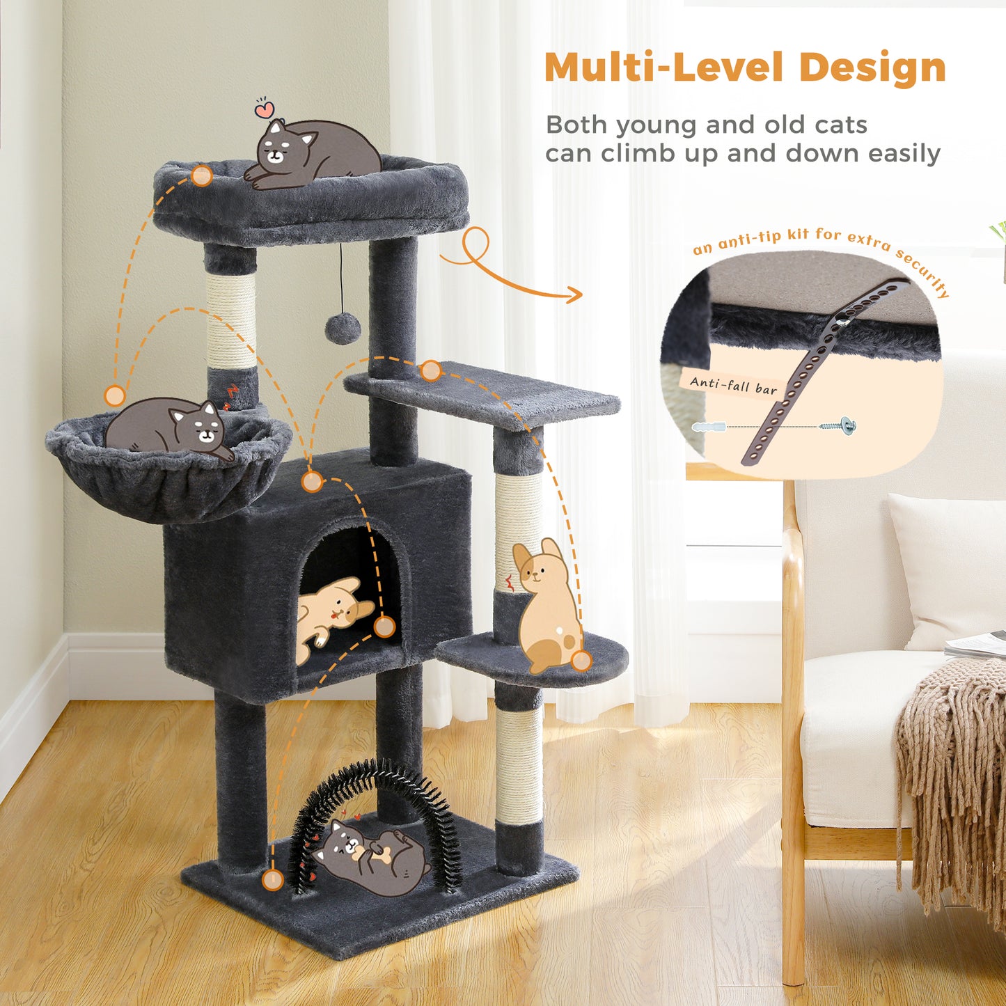 PAWZ Road Cat Tree Tower Scratching Post Scratcher with Self-Grooming Toy 106cm Dark Grey
