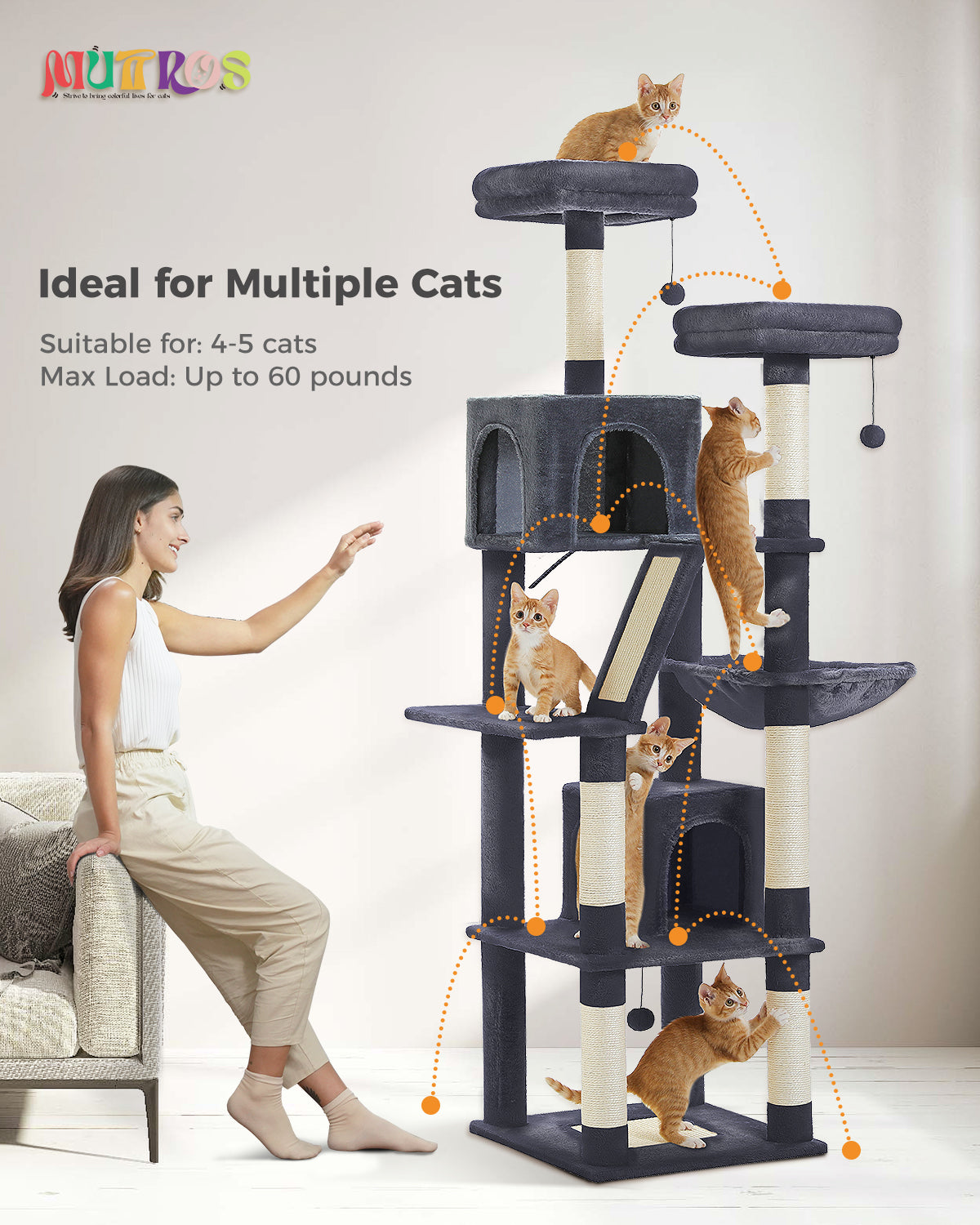 PAWZ Road 180cm Cat Tree Tower Scratching Post Adult Cats Condo House Bed Toys Dark Grey