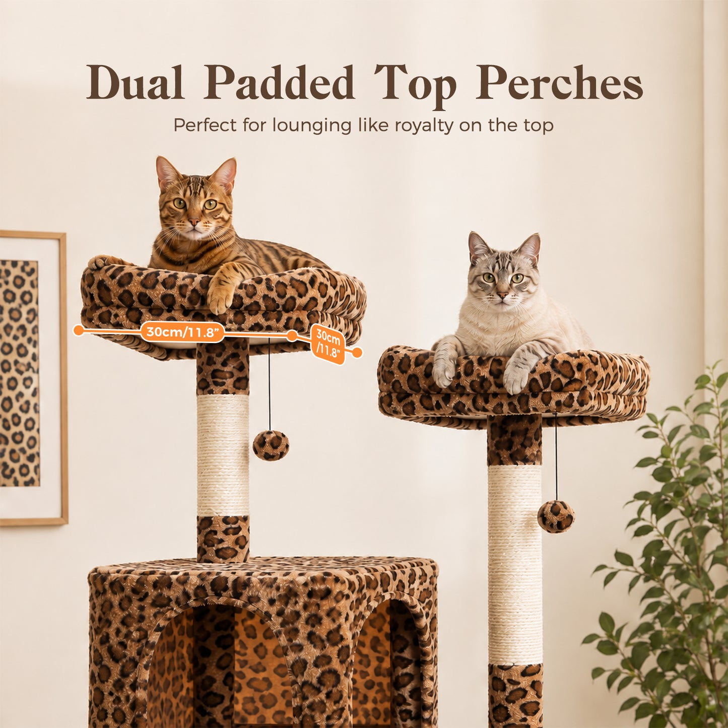 PAWZ Road 184cm Cat Tree for Indoor Cats, Leopard Print Cat Tower with Hammock Sisal-Covered Scratching Post & Pad, Spacious Hammock, Dual Condos, 2 Padded Perches, Dangling Balls, for Indoor Cats