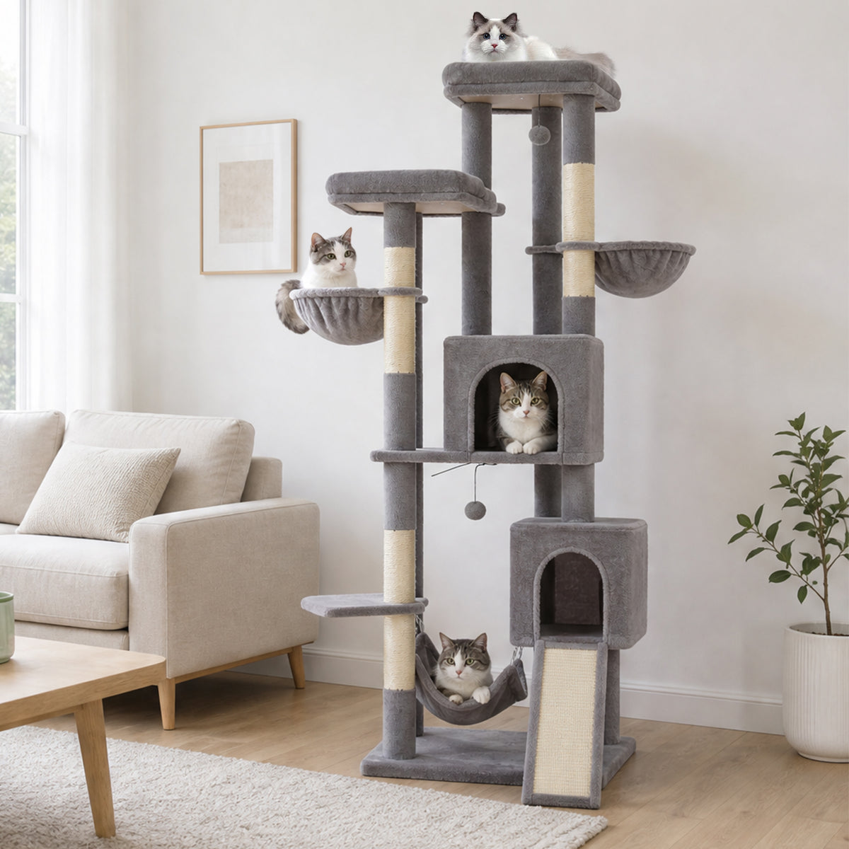 PAWZ Road 196cm Tall Cat Tree, Multi-Level Cat Tower for Large Indoor Cats 2 Large Perches, Sisal Scratching Posts & Ramp, Hanging Hammock & 2 Hanging Caves, 2 Private Condos, 2 Dangling Balls, Grey