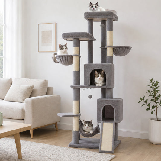 PAWZ Road 196cm Tall Cat Tree, Multi-Level Cat Tower for Large Indoor Cats 2 Large Perches, Sisal Scratching Posts & Ramp, Hanging Hammock & 2 Hanging Caves, 2 Private Condos, 2 Dangling Balls, Grey