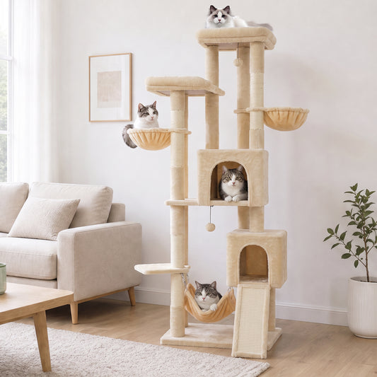 PAWZ Road 196cm Tall Cat Tree, Multi-Level Cat Tower for Large Indoor Cats 2 Large Perches, Sisal Scratching Posts & Ramp, Hanging Hammock & 2 Hanging Caves, 2 Private Condos, 2 Dangling Balls, Beige