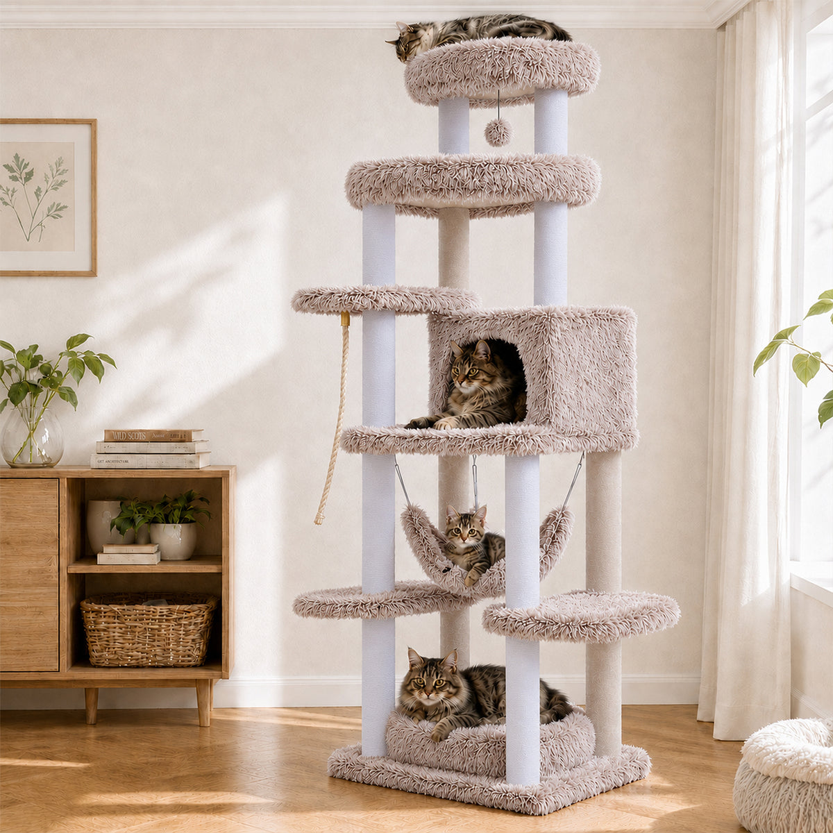 PAWZ Road 185cm Tall Cat Tree, Multi-Level Cat Tower for Large Indoor Cats Soft Long Plush Material, 2 Large Perches, Sisal-Covered Scratching Post, Hanging Hammock, Private Condo, Removable Bed, Brown