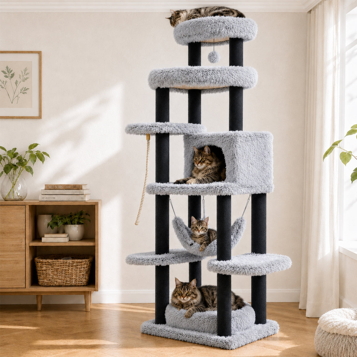 PAWZ Road 185cm Tall Cat Tree, Multi-Level Cat Tower for Large Indoor Cats Soft Long Plush Material, 2 Large Perches, Sisal-Covered Scratching Post, Hanging Hammock, Private Condo, Removable Bed, Grey