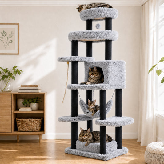 PAWZ Road 185cm Tall Cat Tree, Multi-Level Cat Tower for Large Indoor Cats Soft Long Plush Material, 2 Large Perches, Sisal-Covered Scratching Post, Hanging Hammock, Private Condo, Removable Bed, Grey
