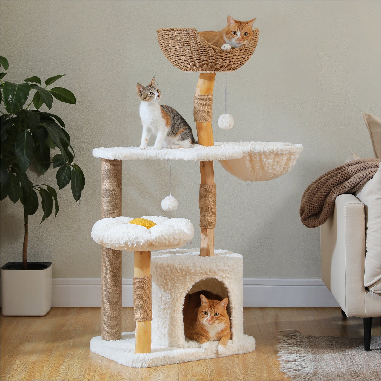 PAWZ Road Cat Tree Solid Wood Cat Tower Scratching Post Condo House 123cm White