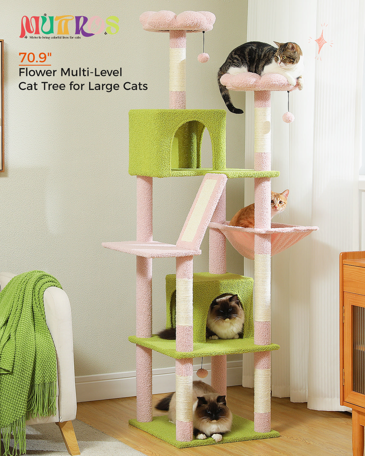 PAWZ Road 180cm Cat Tree Tower Scratching Post Adult Cats Condo House Bed Toys Pink