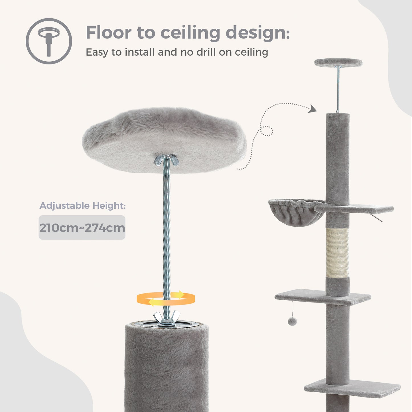 PAWZ Road Cat Tree Tower Scratching Post Ceiling High Cat Scratcher Condo Beds Grey