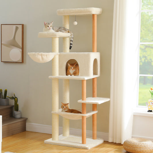 PAWZ Road 186cm Large Wood Cat Tree Tower Scratching Post House with 2 Condos Beige