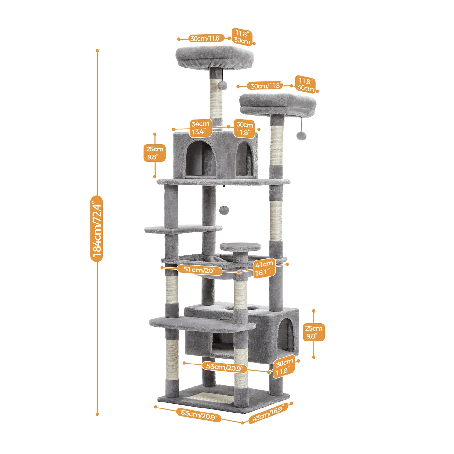 PAWZ Road 184cm Cat Tree Tower Scratching Post Scratcher Condo House Bed Toy Furniture Grey