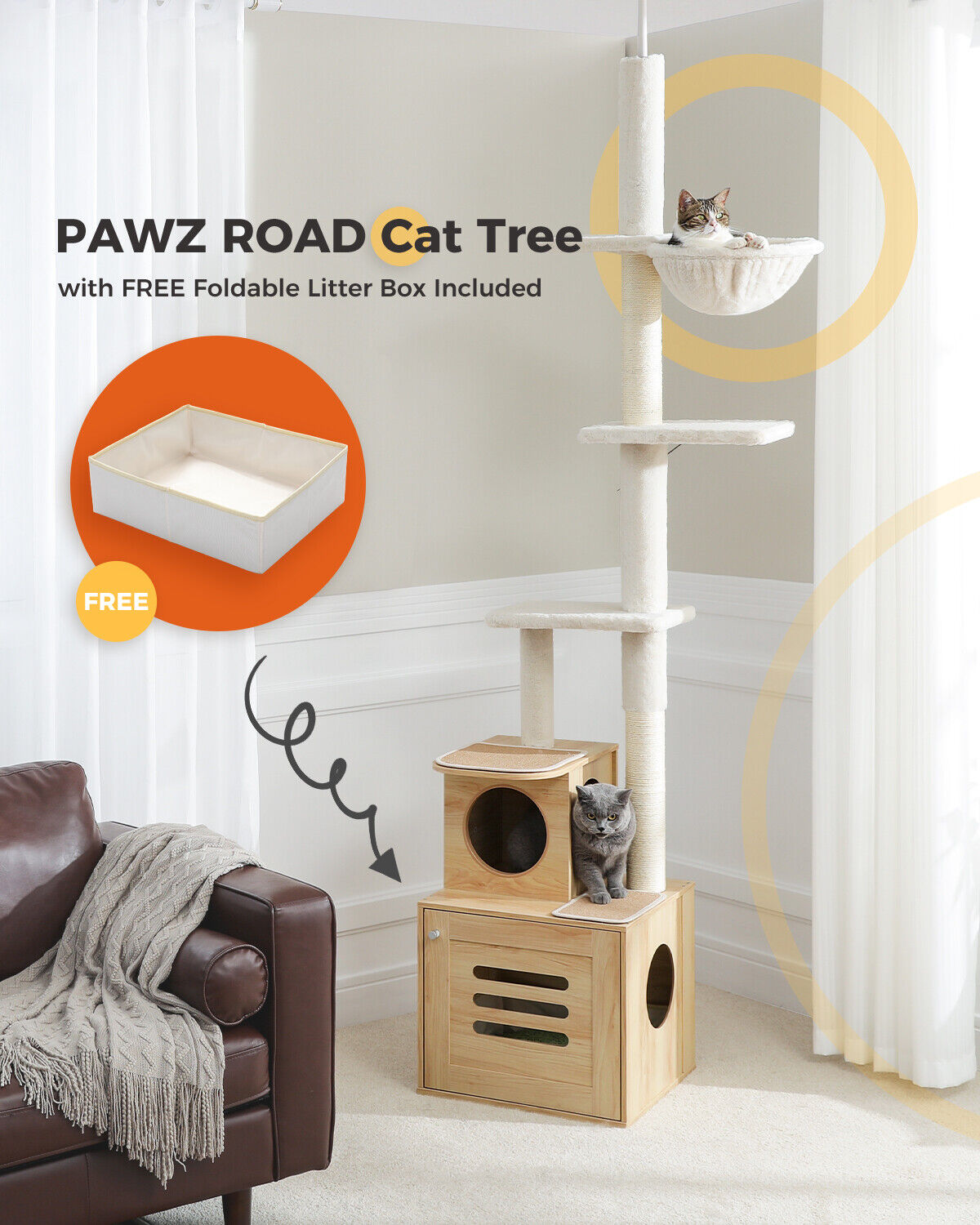 Cat Tree Tower Scratching Post Ceiling High Condo House Cat Litter Box Enclosure 280CM Beige