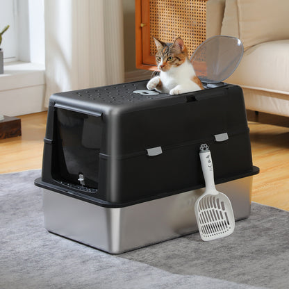 PAWZ Road Stainless Steel Litter Box XL Enclosed Cat Boxes with Lid | 41cm High Sides Anti-Leakage, 38L Capacity for Large Cats, Non-Stick Bottom & Includes Scoop