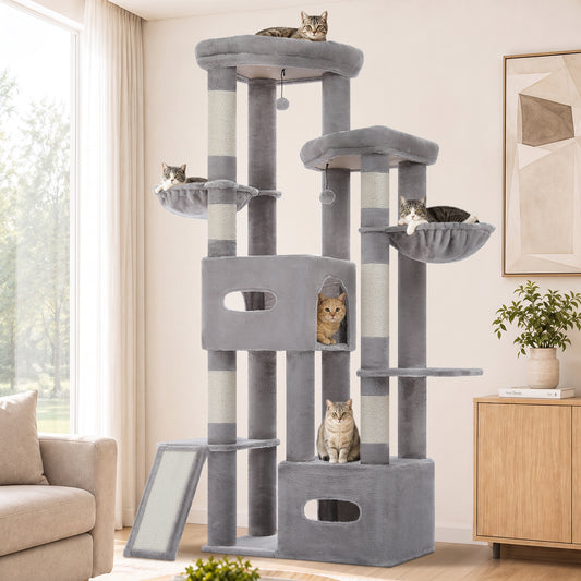 PAWZ Road 185cm Tall Cat Tree, Multi-Level Cat Tower for Large Indoor Cats 2 Large Perches, Sisal Scratching Posts & Ramp, 2 Hanging Caves, 2 Private Condos, 2 Dangling Balls, Grey