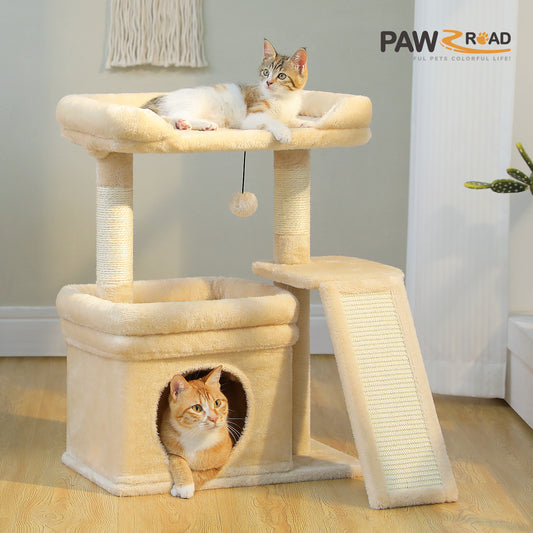 PAWZ Road Small Cat Tree Tower Scratching Post with Wide Top Perch Condo Toys Beige