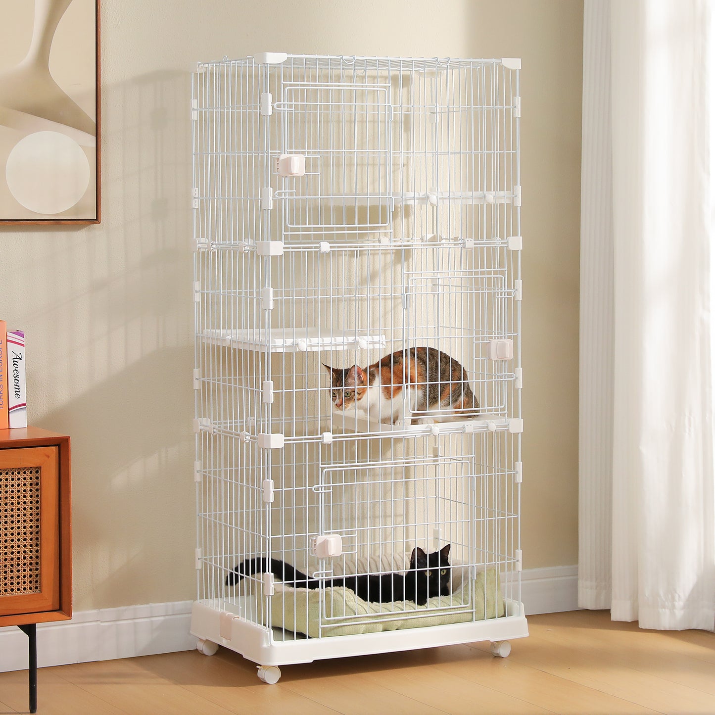 PAWZ Road 4-Tier Cat Cage, 72 x 46 x 145 CM Large Cat Enclosure with Ladder& DIY Platform, Metal Wire Kennel for Indoor/Outdoor Cats, White